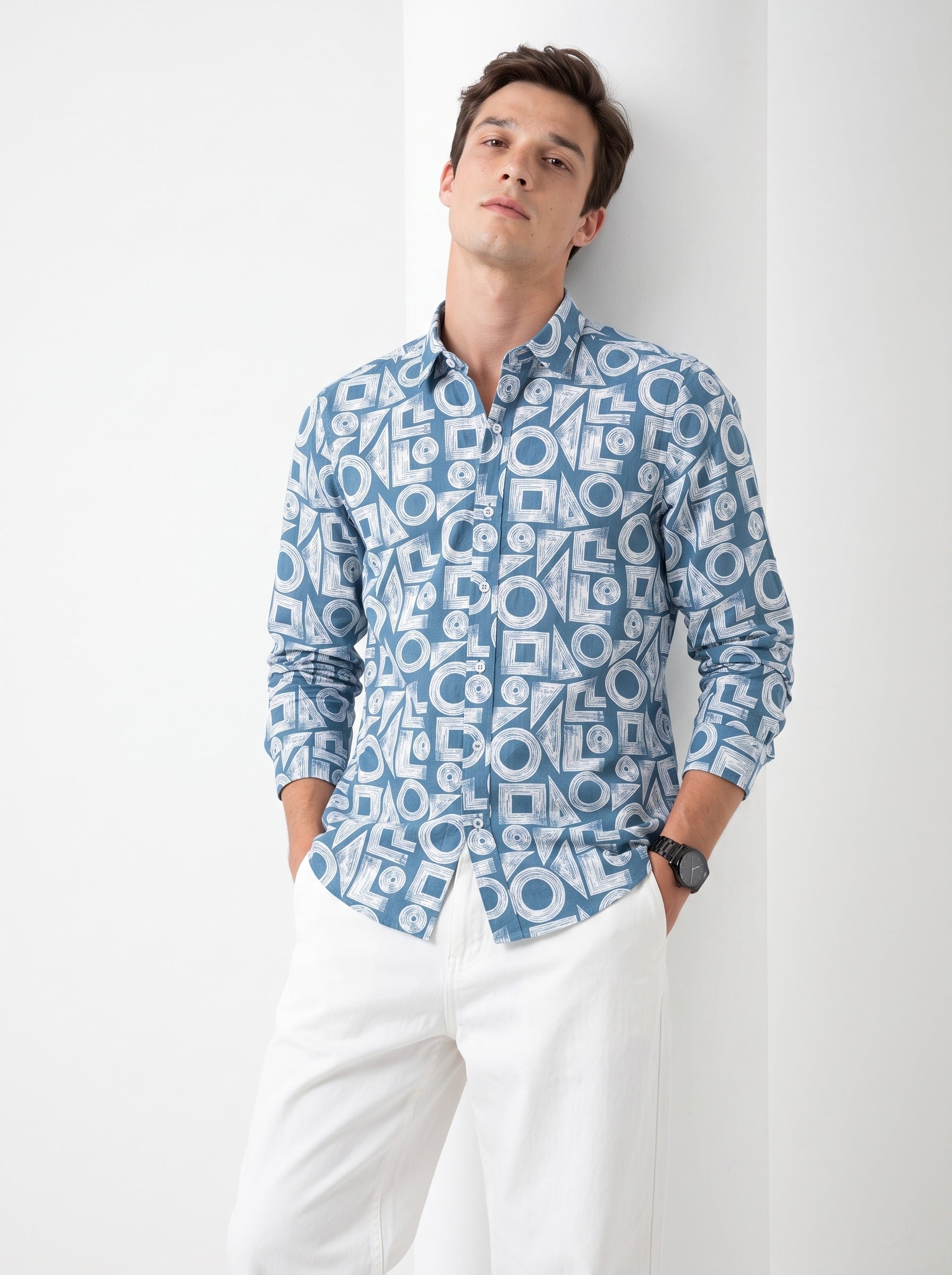 Blue & White Band Collar Geometric Print Cotton Casual Men's Shirt