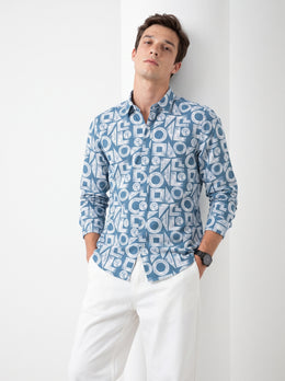 Blue & White Band Collar Geometric Print Cotton Casual Men's Shirt