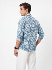 Blue & White Band Collar Geometric Print Cotton Casual Men's Shirt
