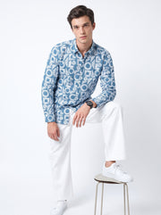 Blue & White Band Collar Geometric Print Cotton Casual Men's Shirt