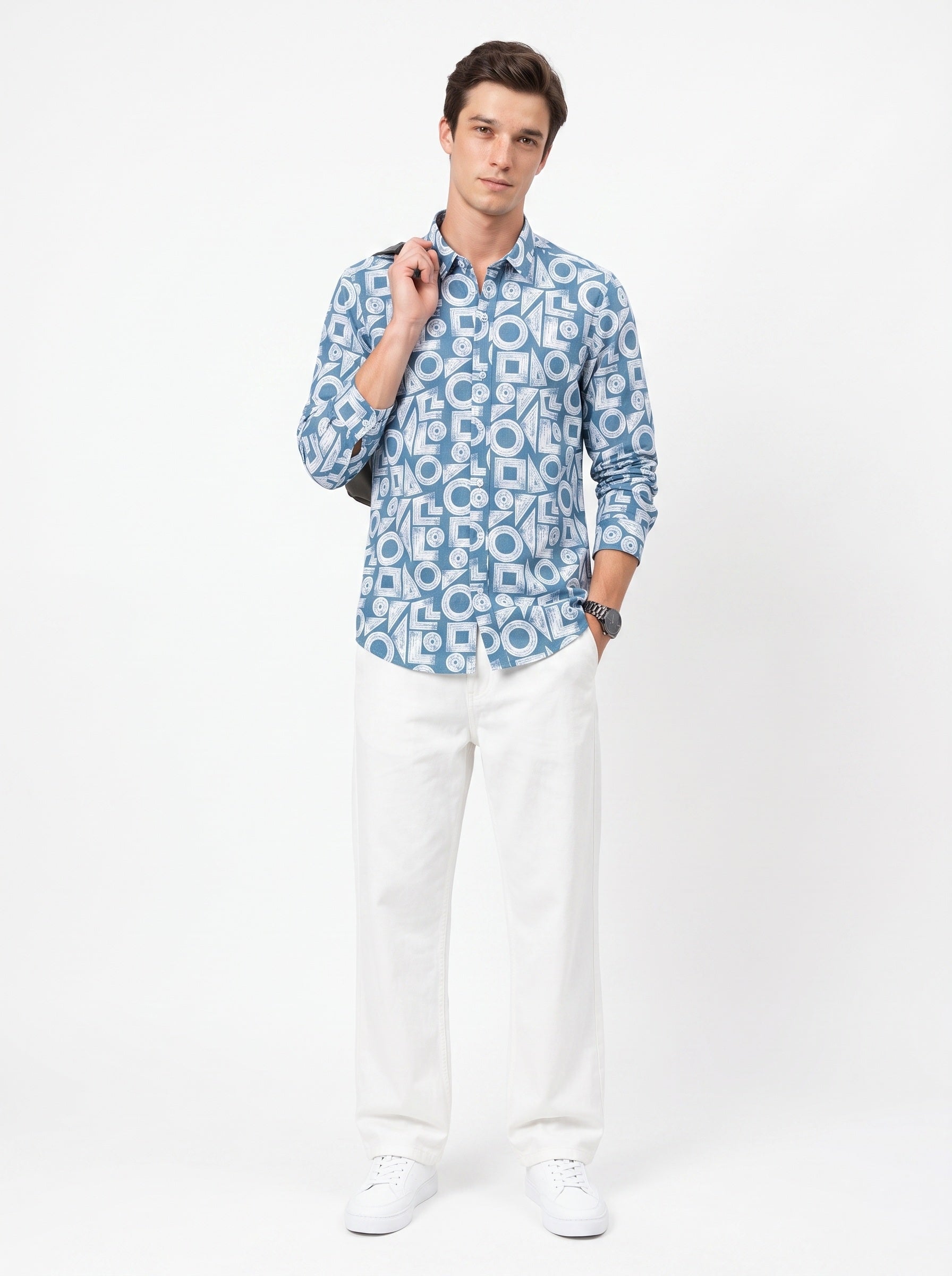 Blue & White Band Collar Geometric Print Cotton Casual Men's Shirt