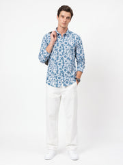 Blue & White Band Collar Geometric Print Cotton Casual Men's Shirt