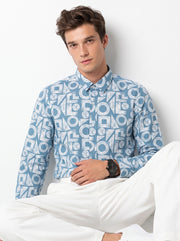Blue & White Band Collar Geometric Print Cotton Casual Men's Shirt
