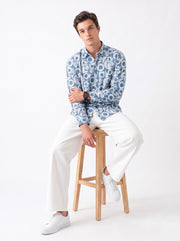 Blue & White Band Collar Geometric Print Cotton Casual Men's Shirt