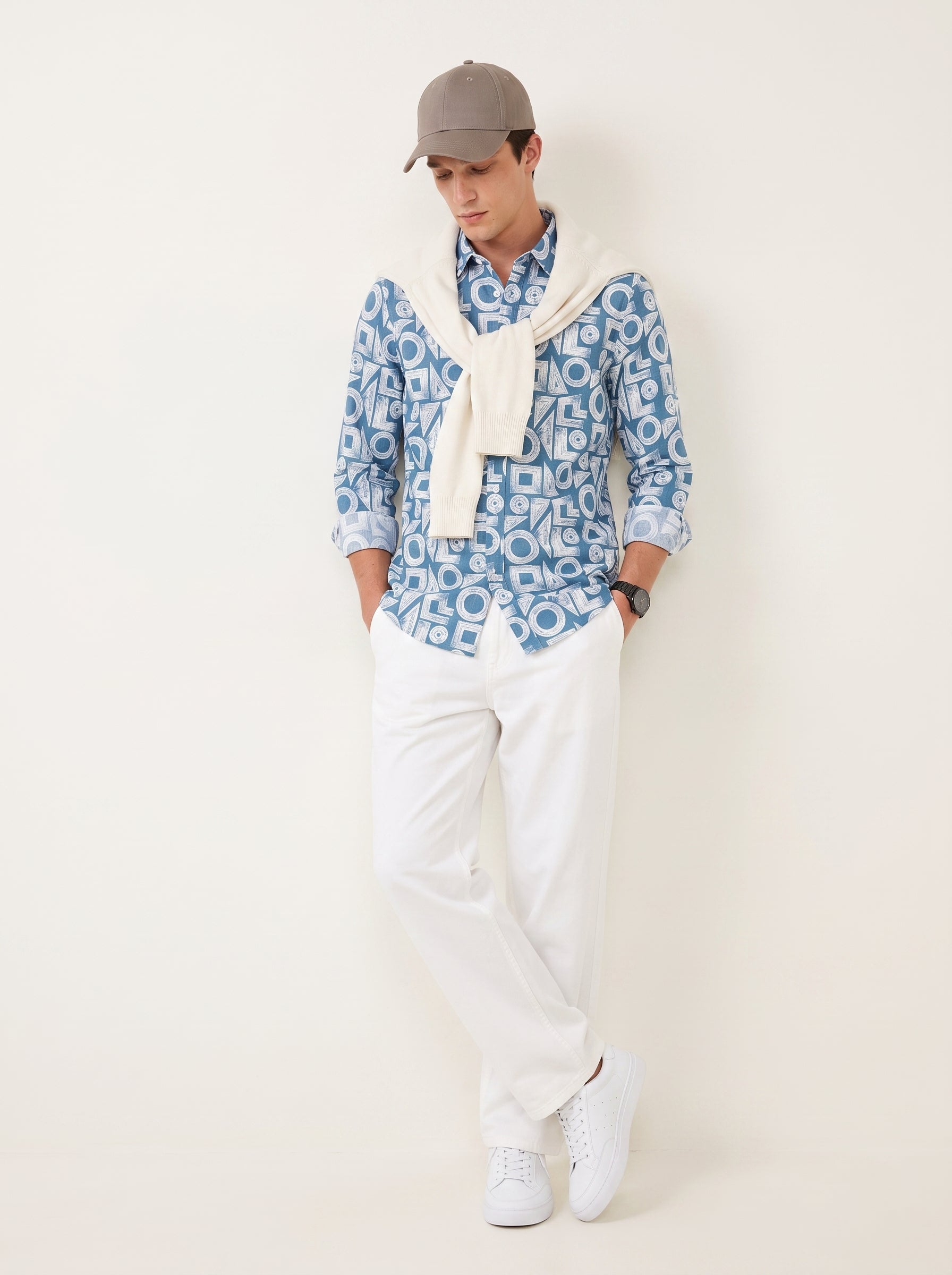 Blue & White Band Collar Geometric Print Cotton Casual Men's Shirt
