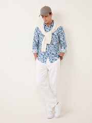 Blue & White Band Collar Geometric Print Cotton Casual Men's Shirt