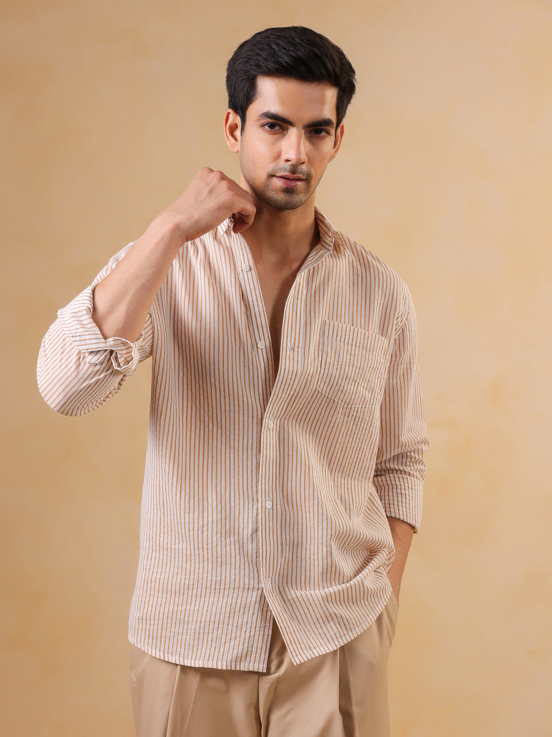 Brown Striped Print Band Collar Cotton Men's Shirt