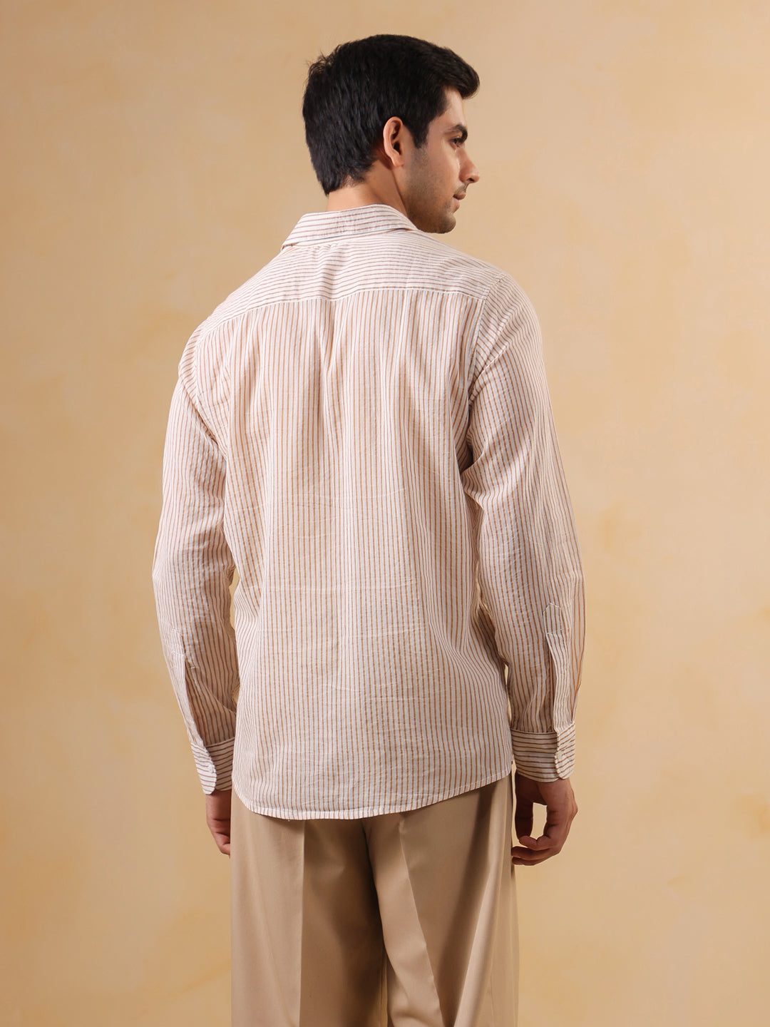 Brown Striped Print Band Collar Cotton Men's Shirt