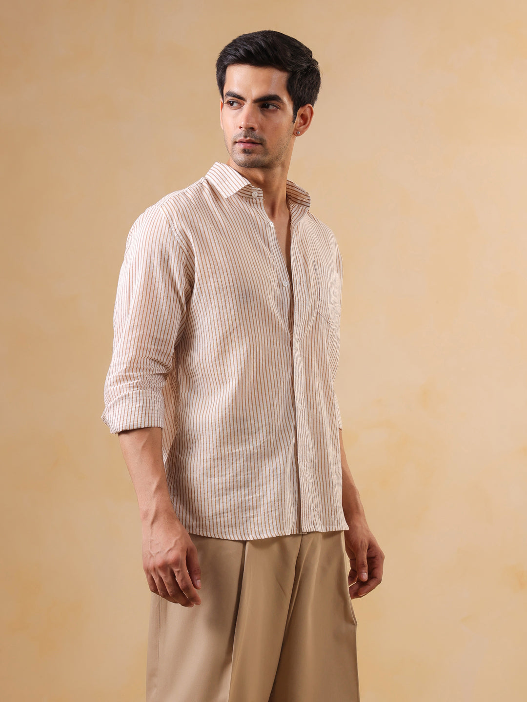 Brown Striped Print Band Collar Cotton Men's Shirt