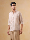 White Striped Print Band Collar Cotton Men's Shirt