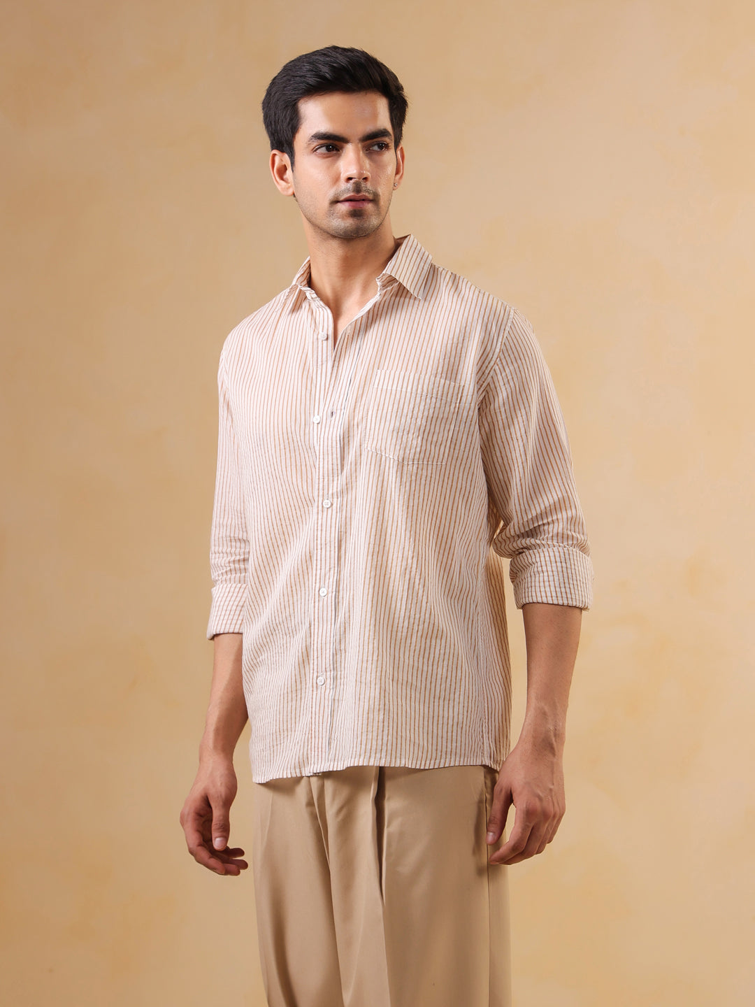 Brown Striped Print Band Collar Cotton Men's Shirt