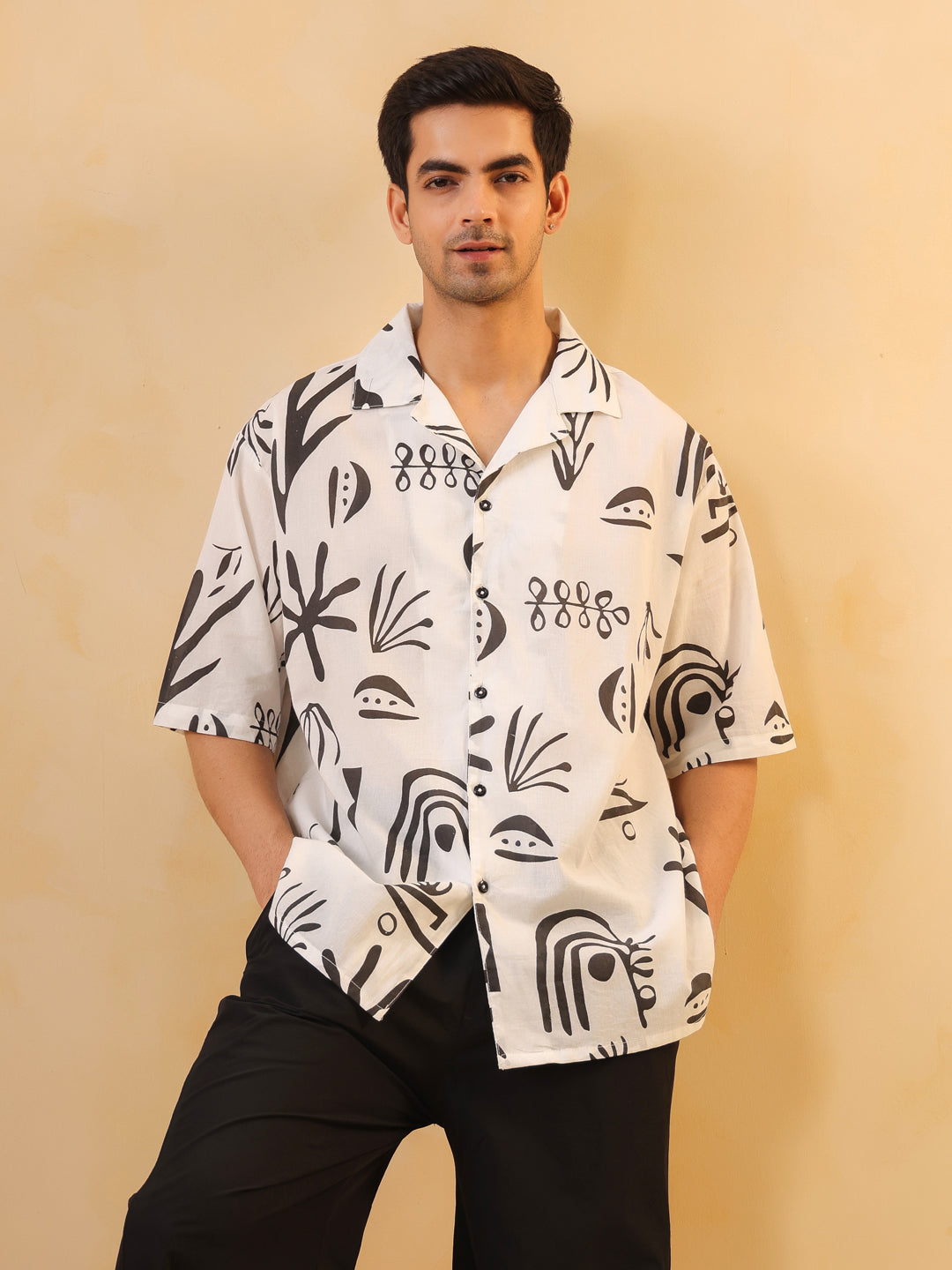 White Cuban Collar Abstract Print Oversized Cotton Men's Shirt