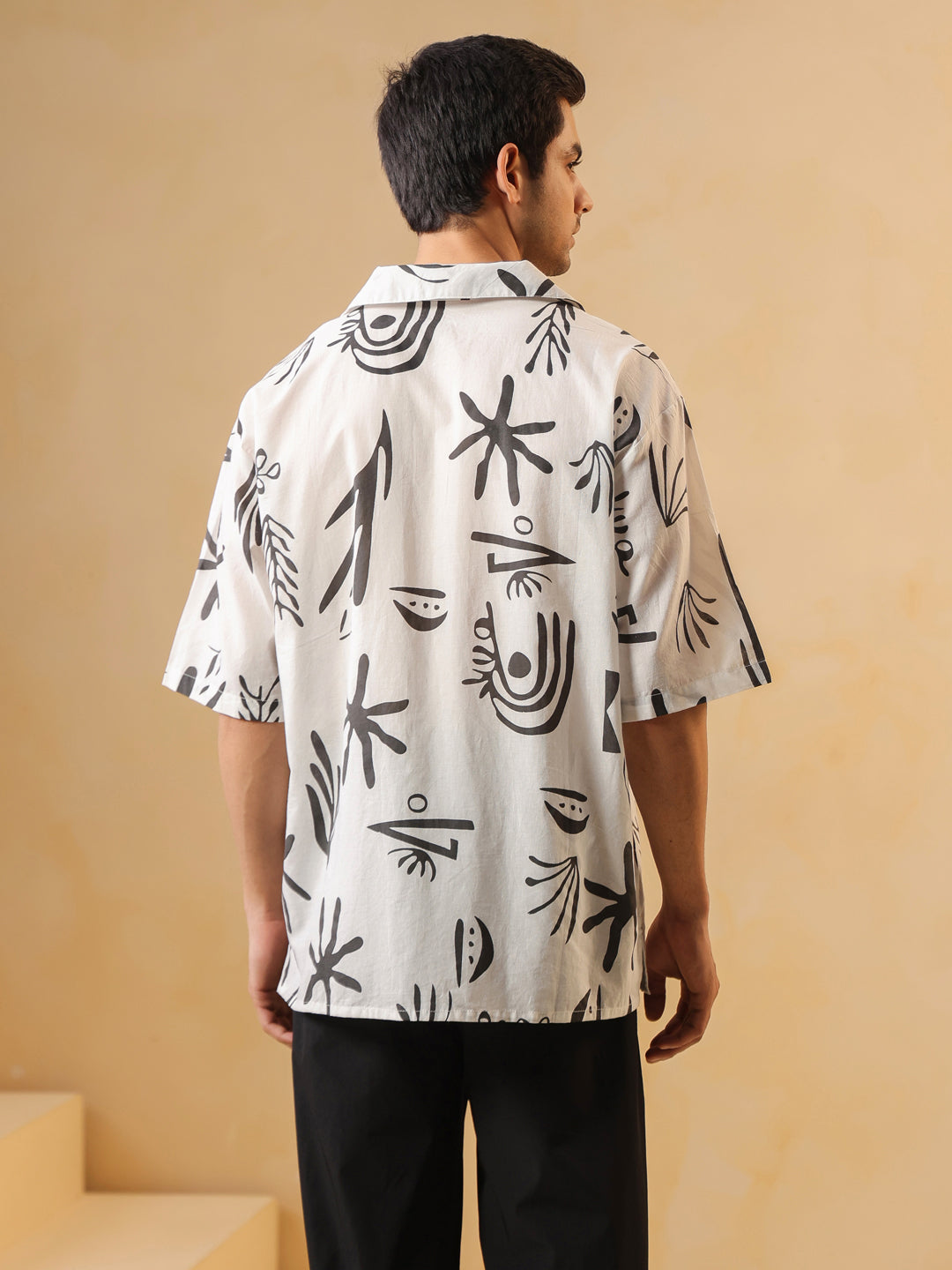 White Cuban Collar Abstract Print Oversized Cotton Men's Shirt
