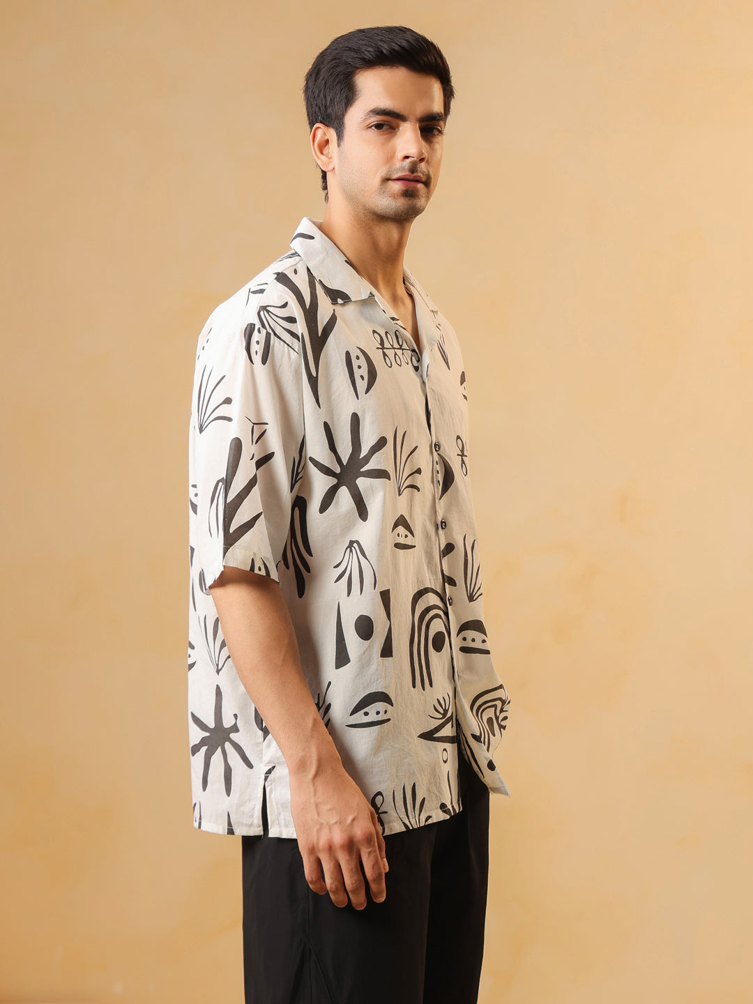 White Cuban Collar Abstract Print Oversized Cotton Men's Shirt