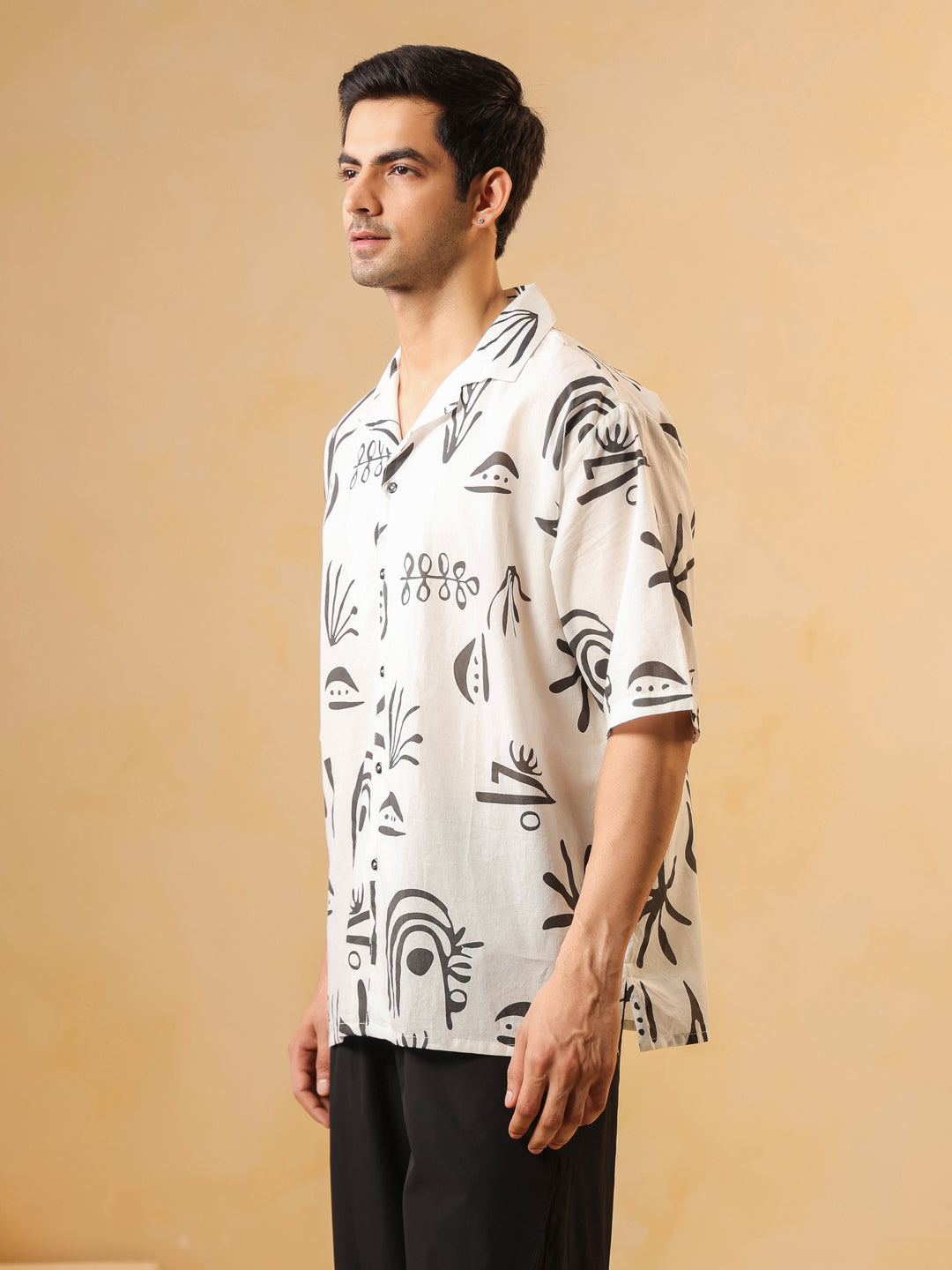 White Cuban Collar Abstract Print Oversized Cotton Men's Shirt