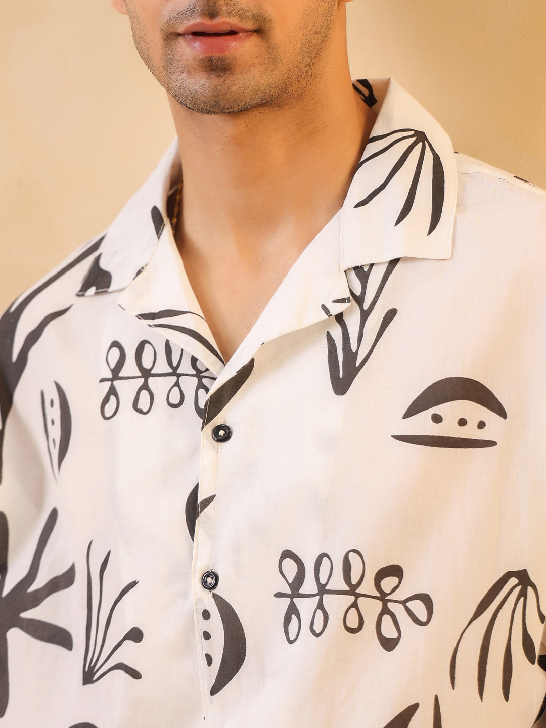 White Cuban Collar Abstract Print Oversized Cotton Men's Shirt