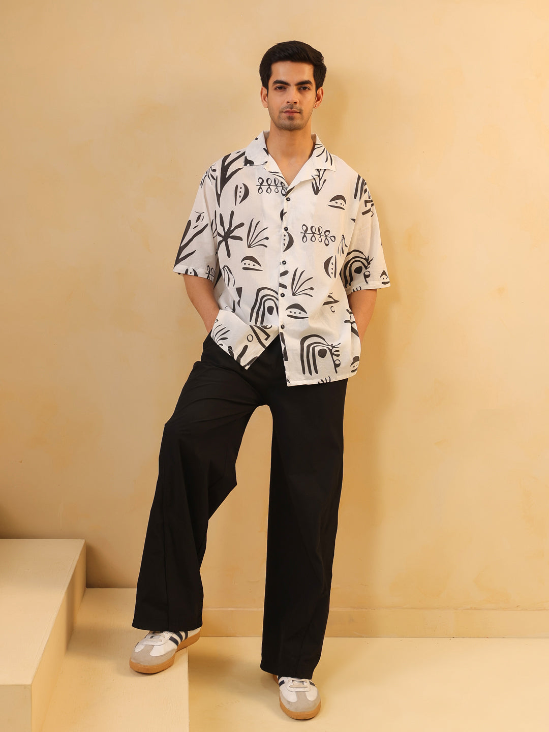 White Cuban Collar Abstract Print Oversized Cotton Men's Shirt