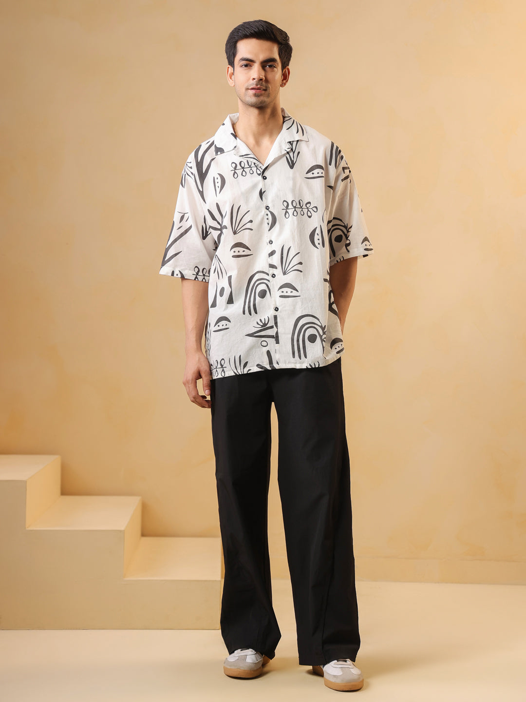 White Cuban Collar Abstract Print Oversized Cotton Men's Shirt