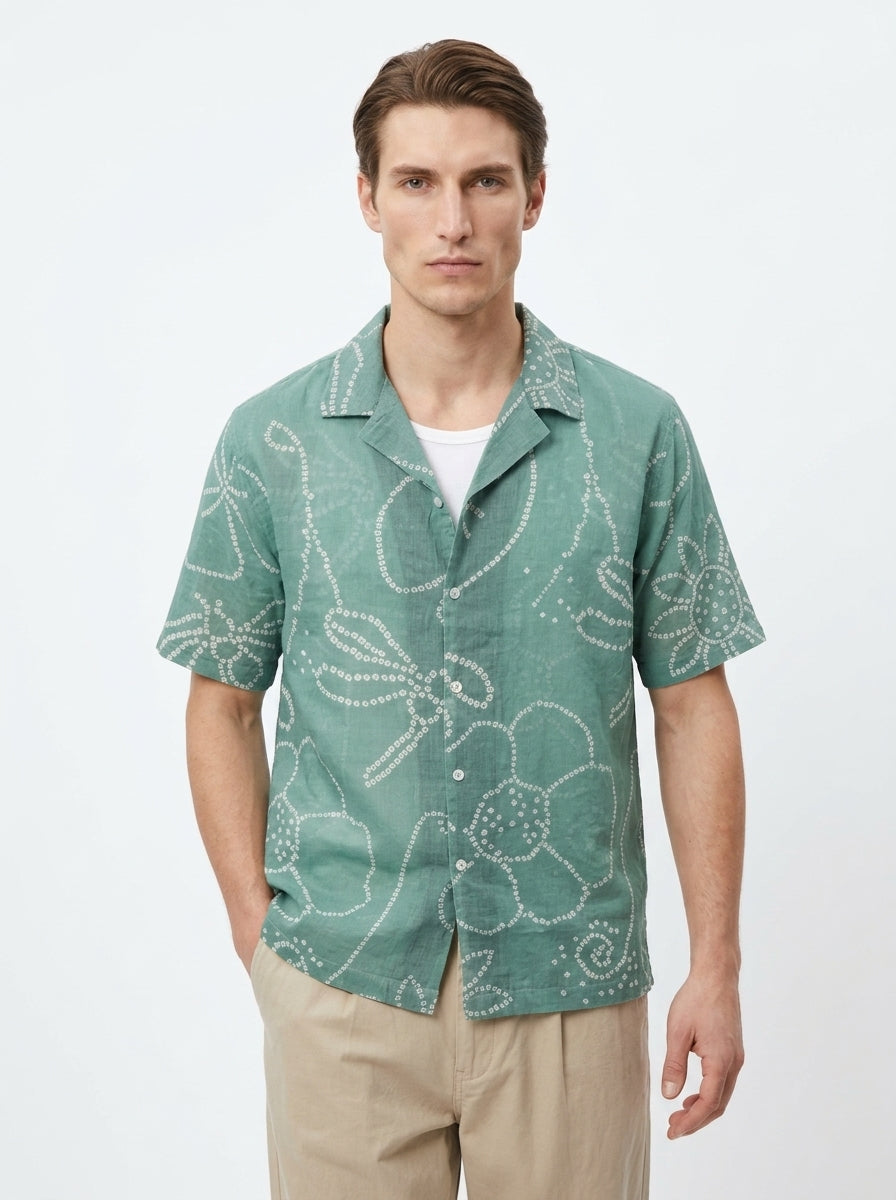 Green Cuban Collar Bandhani Print Short Sleeve Cotton Men's Shirt