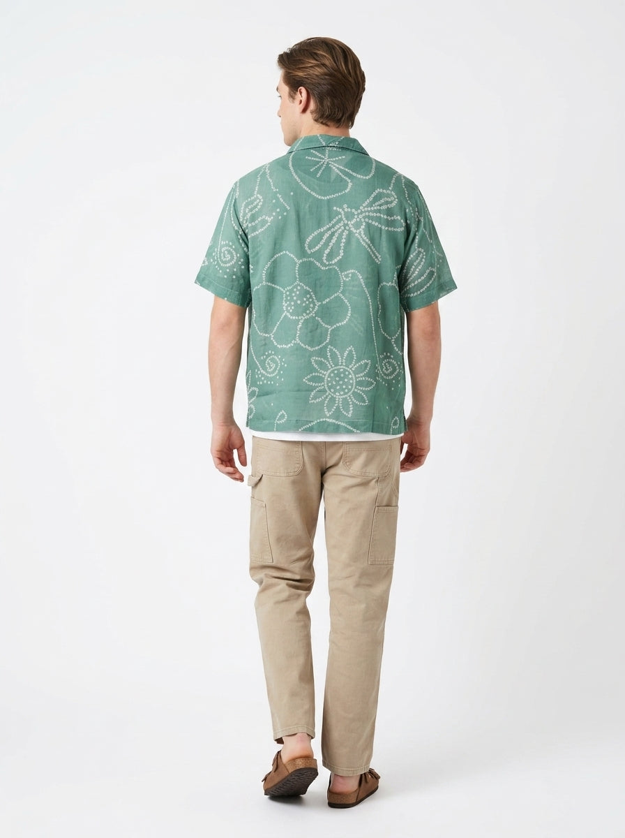 Green Cuban Collar Bandhani Print Short Sleeve Cotton Men's Shirt
