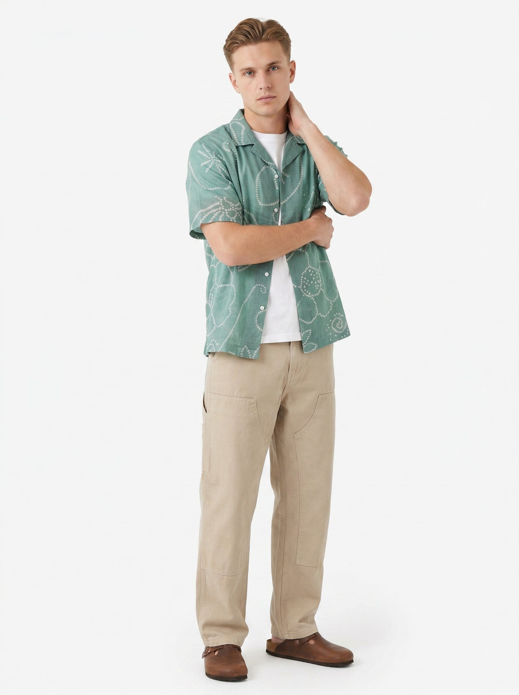 Green Cuban Collar Bandhani Print Short Sleeve Cotton Men's Shirt