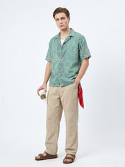 Green Cuban Collar Bandhani Print Short Sleeve Cotton Men's Shirt