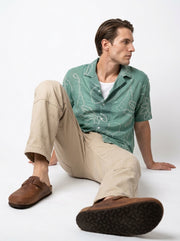 Green Cuban Collar Bandhani Print Short Sleeve Cotton Men's Shirt
