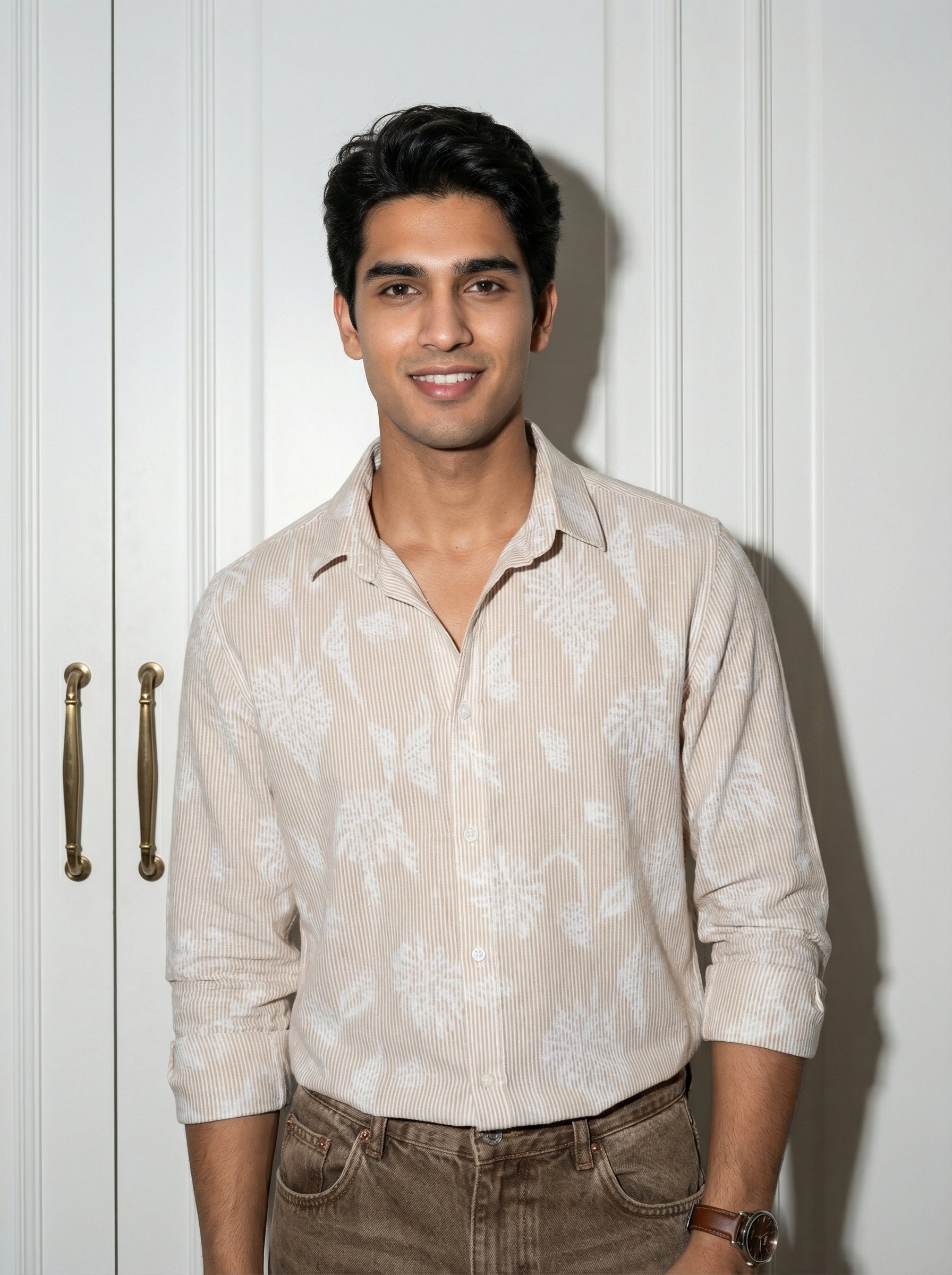 Brown Floral Print Cotton Men's Shirt (Handloom Fabric)
