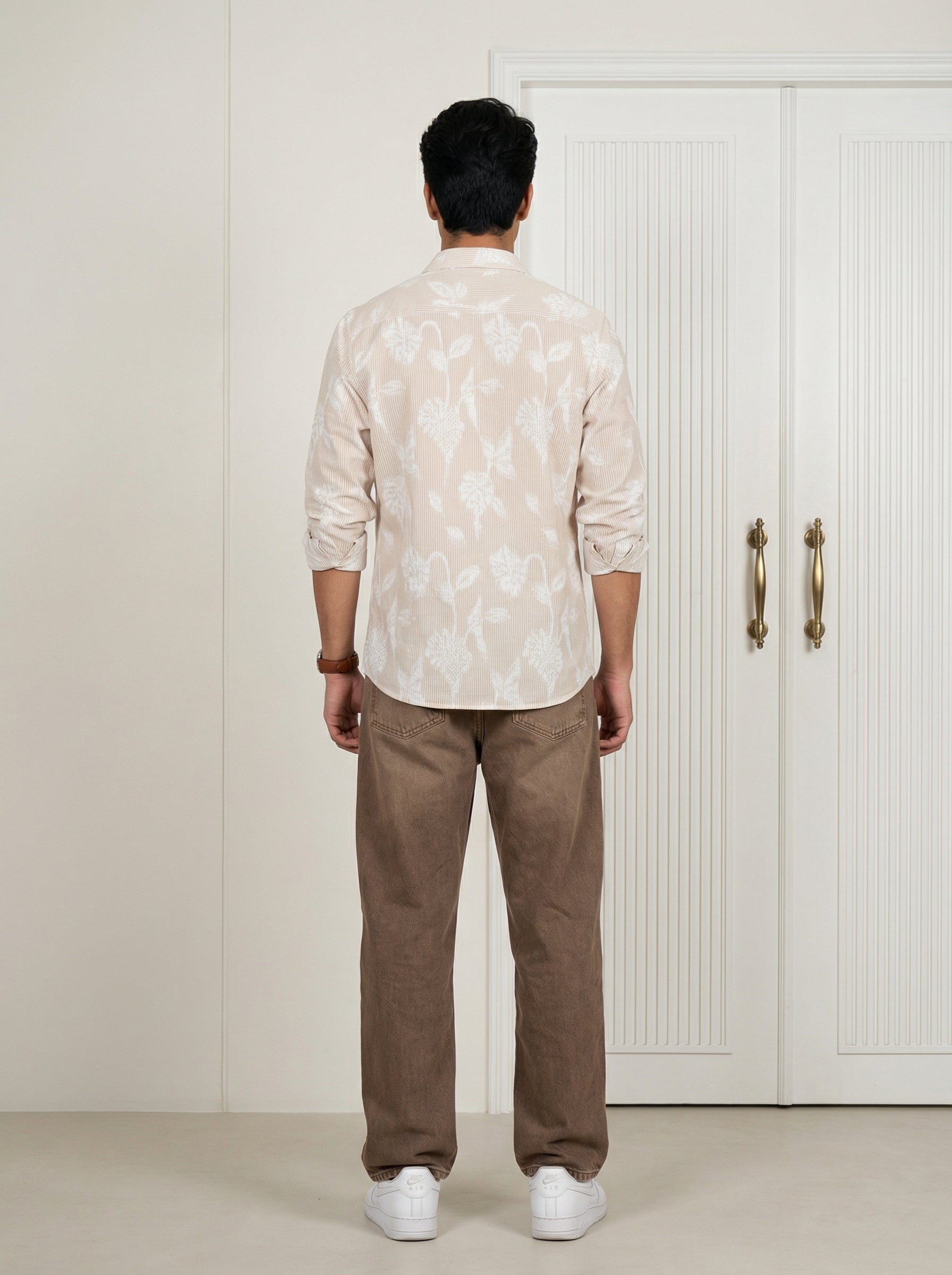 Brown Floral Print Cotton Men's Shirt (Handloom Fabric)