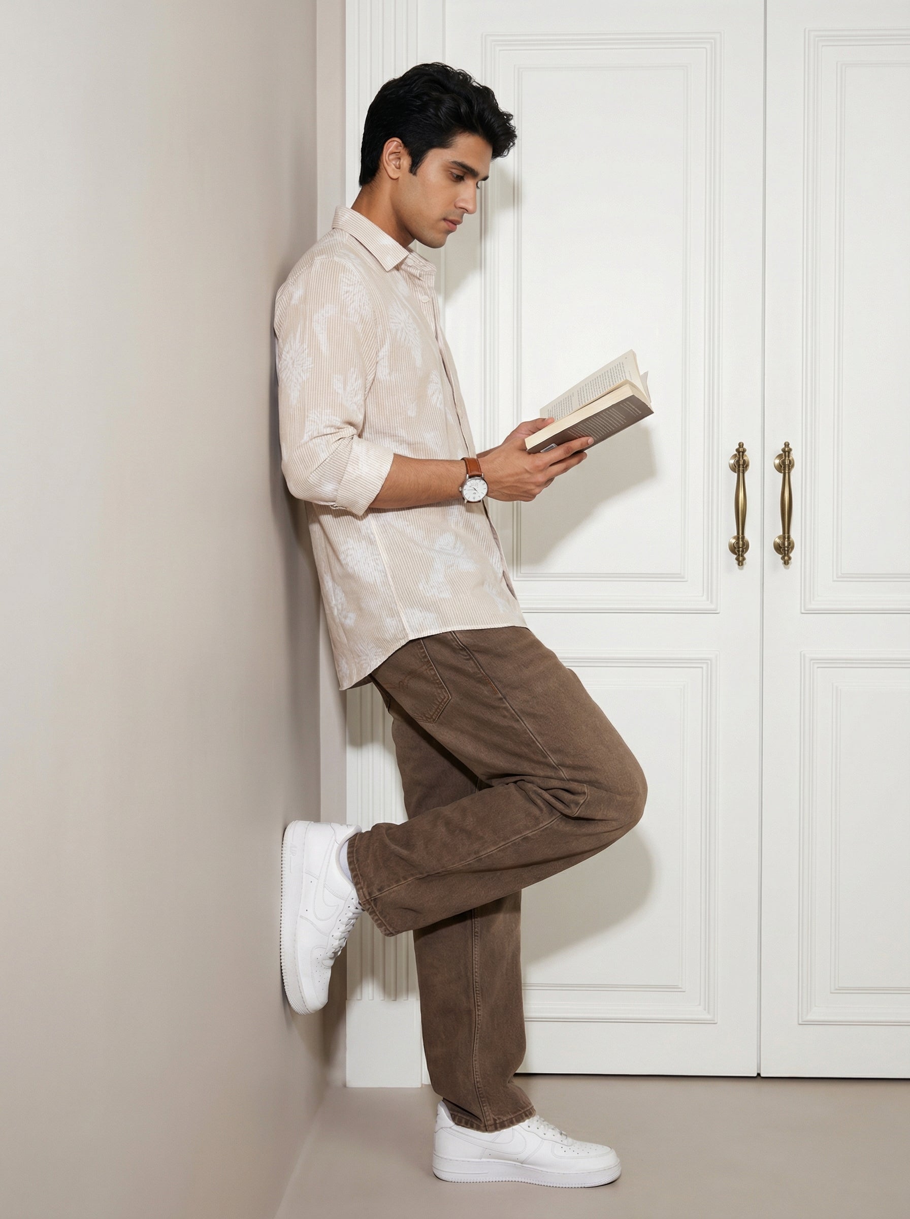 Brown Floral Print Cotton Men's Shirt (Handloom Fabric)