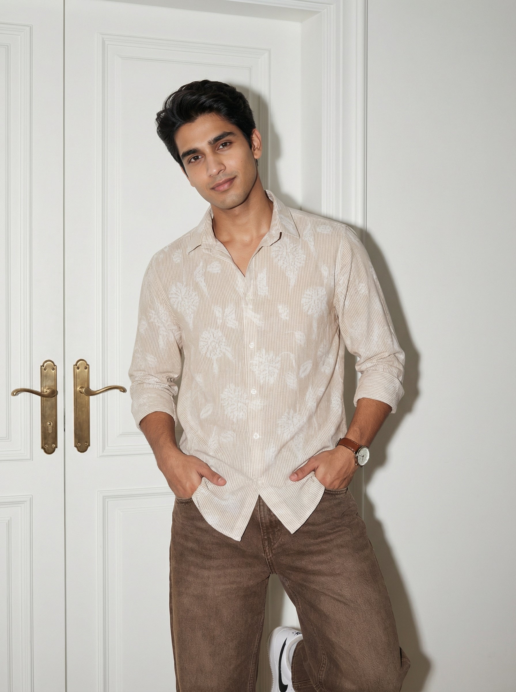 Brown Floral Print Cotton Men's Shirt (Handloom Fabric)