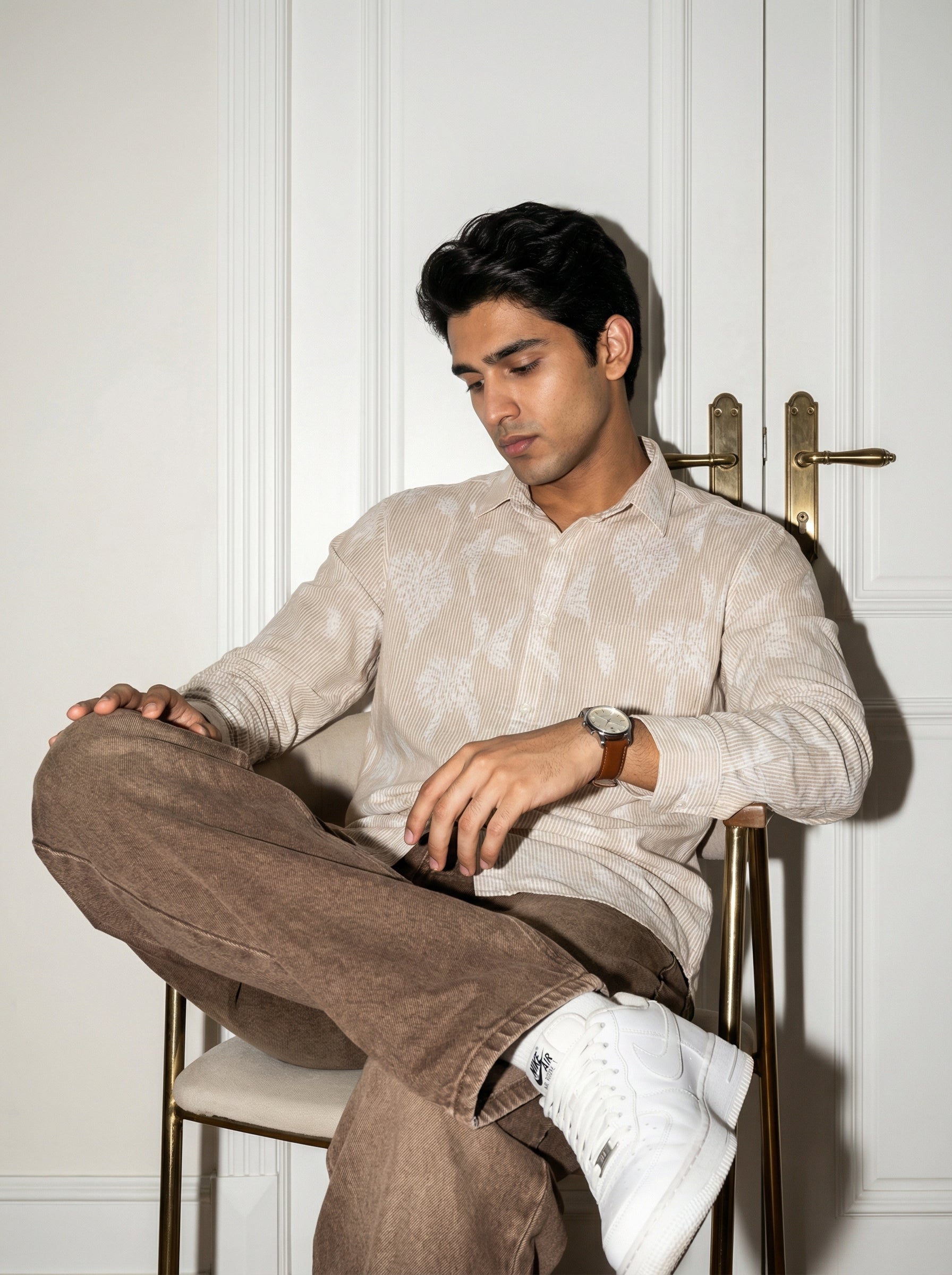 Brown Floral Print Cotton Men's Shirt (Handloom Fabric)