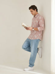 Rust Stripes Floral Print Handloom Cotton Spread Collar Men's Shirt