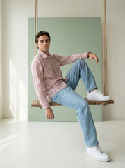Rust Stripes Floral Print Handloom Cotton Spread Collar Men's Shirt