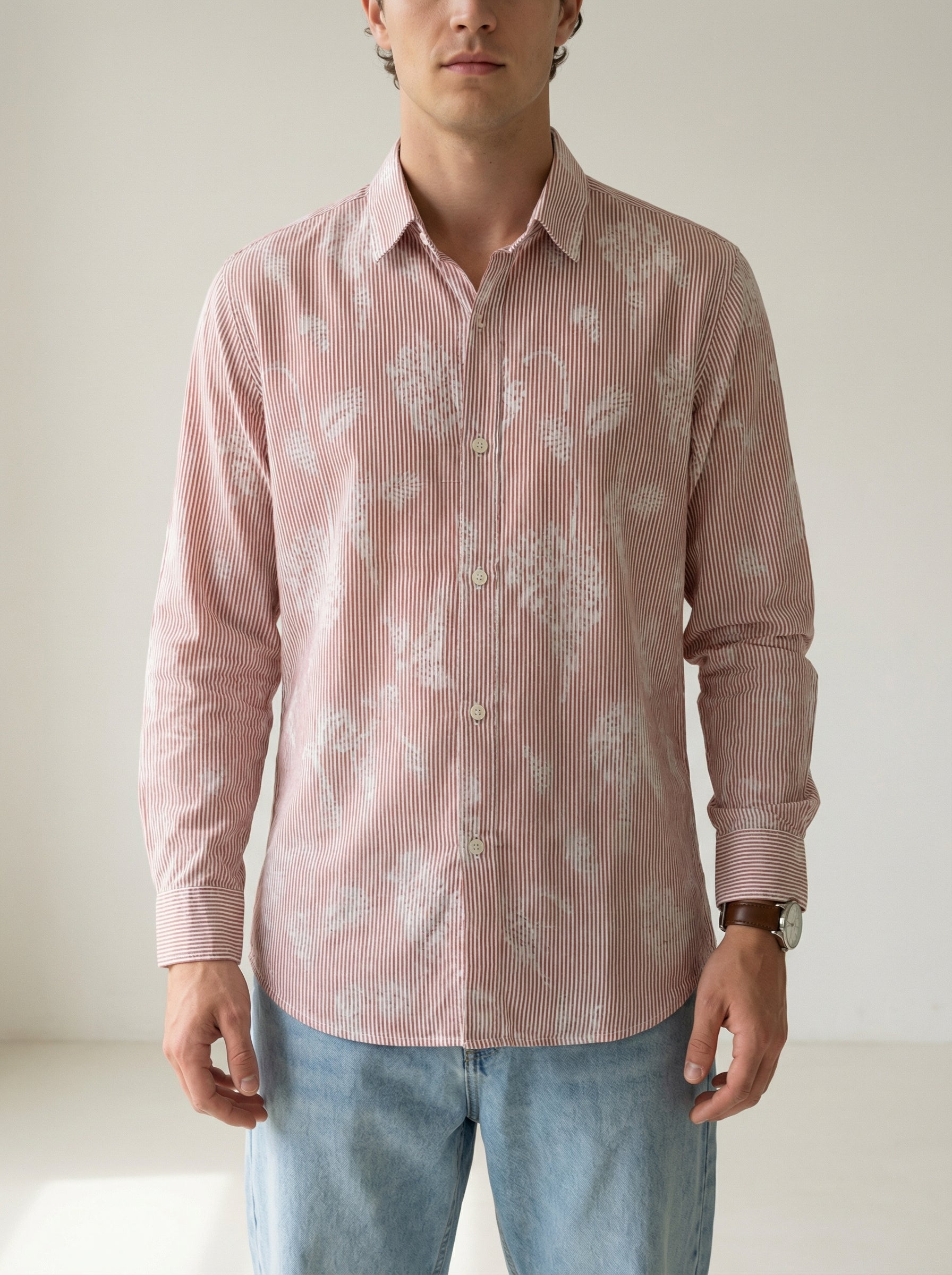 Rust Floral Print Spread Collar Men's Shirt (Handloom Fabric)