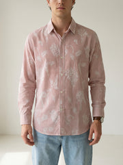 Rust Stripes Floral Print Handloom Cotton Spread Collar Men's Shirt