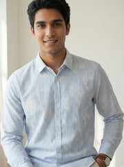 Blue Stripes Floral Print Handloom Cotton Spread Collar Men's Shirt