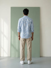 Blue Stripes Floral Print Handloom Cotton Spread Collar Men's Shirt