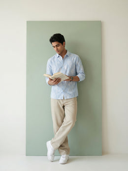Blue Stripes Floral Print Handloom Cotton Spread Collar Men's Shirt