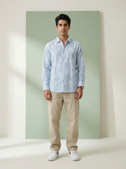 Blue Stripes Floral Print Handloom Cotton Spread Collar Men's Shirt
