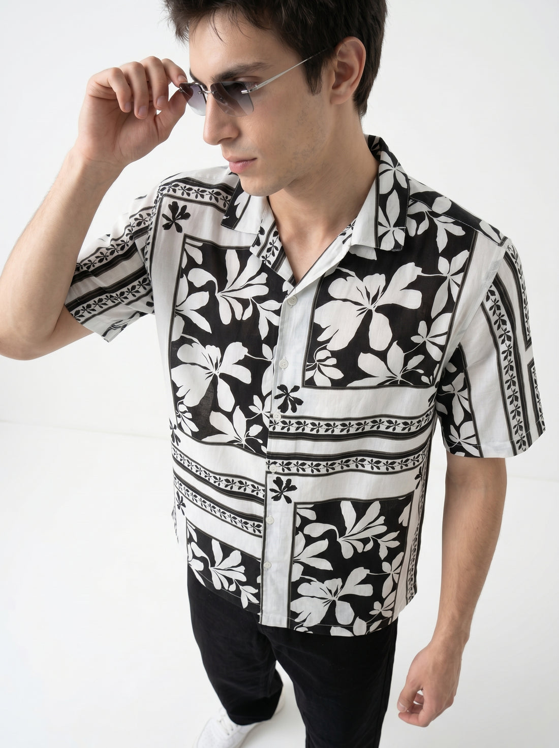 White Floral Print Cuban Collar Half Sleeve Cotton Men's Shirt