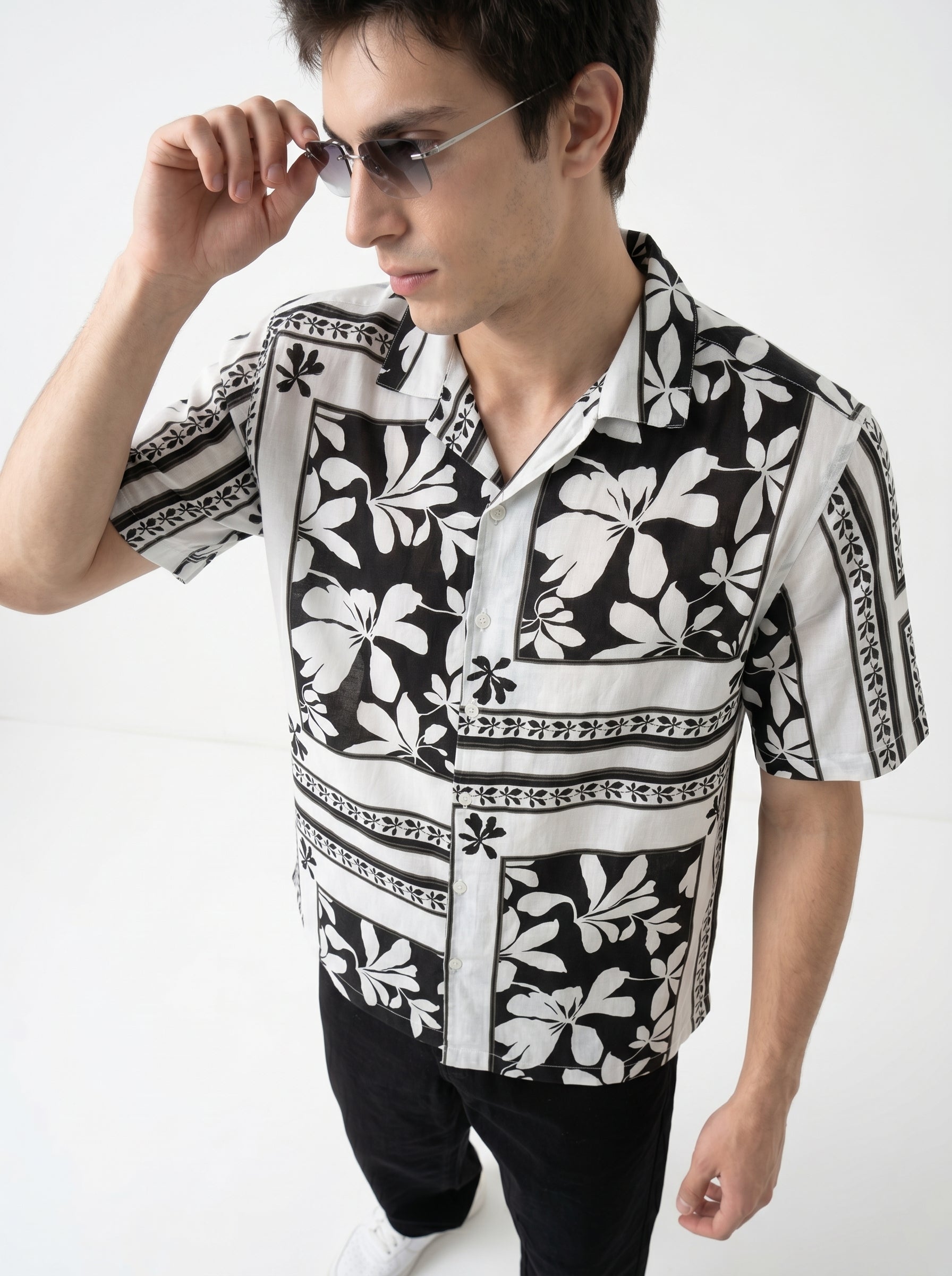 White Floral Print Cuban Collar Half Sleeve Cotton Men's Shirt