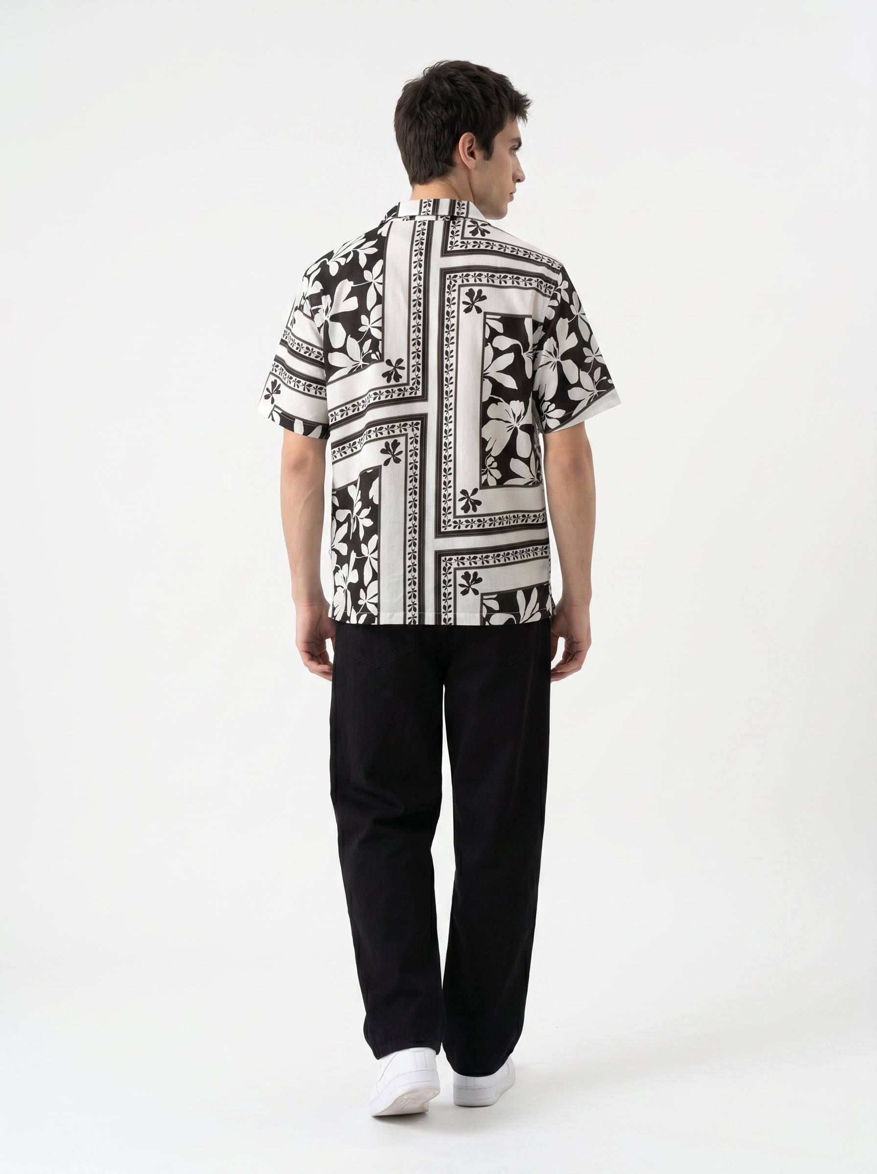 White Floral Print Cuban Collar Half Sleeve Cotton Men's Shirt