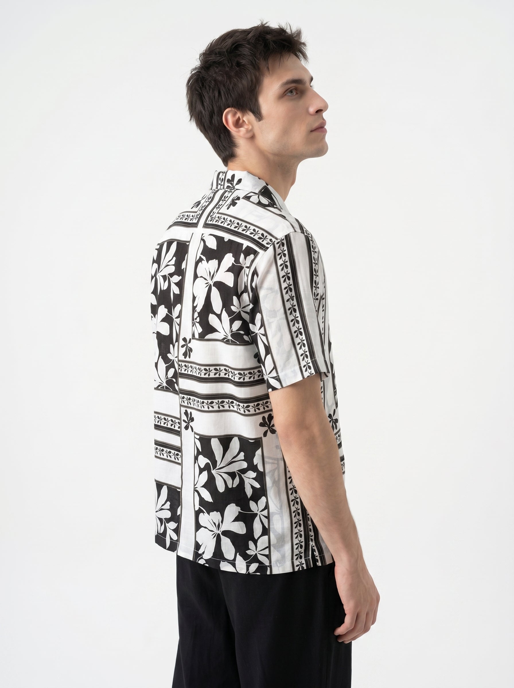 White Floral Print Cuban Collar Half Sleeve Cotton Men's Shirt