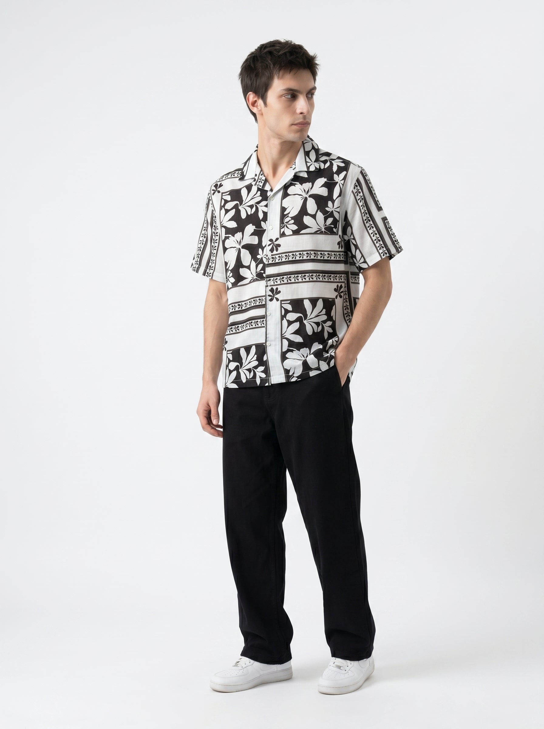 White Floral Print Cuban Collar Half Sleeve Cotton Men's Shirt