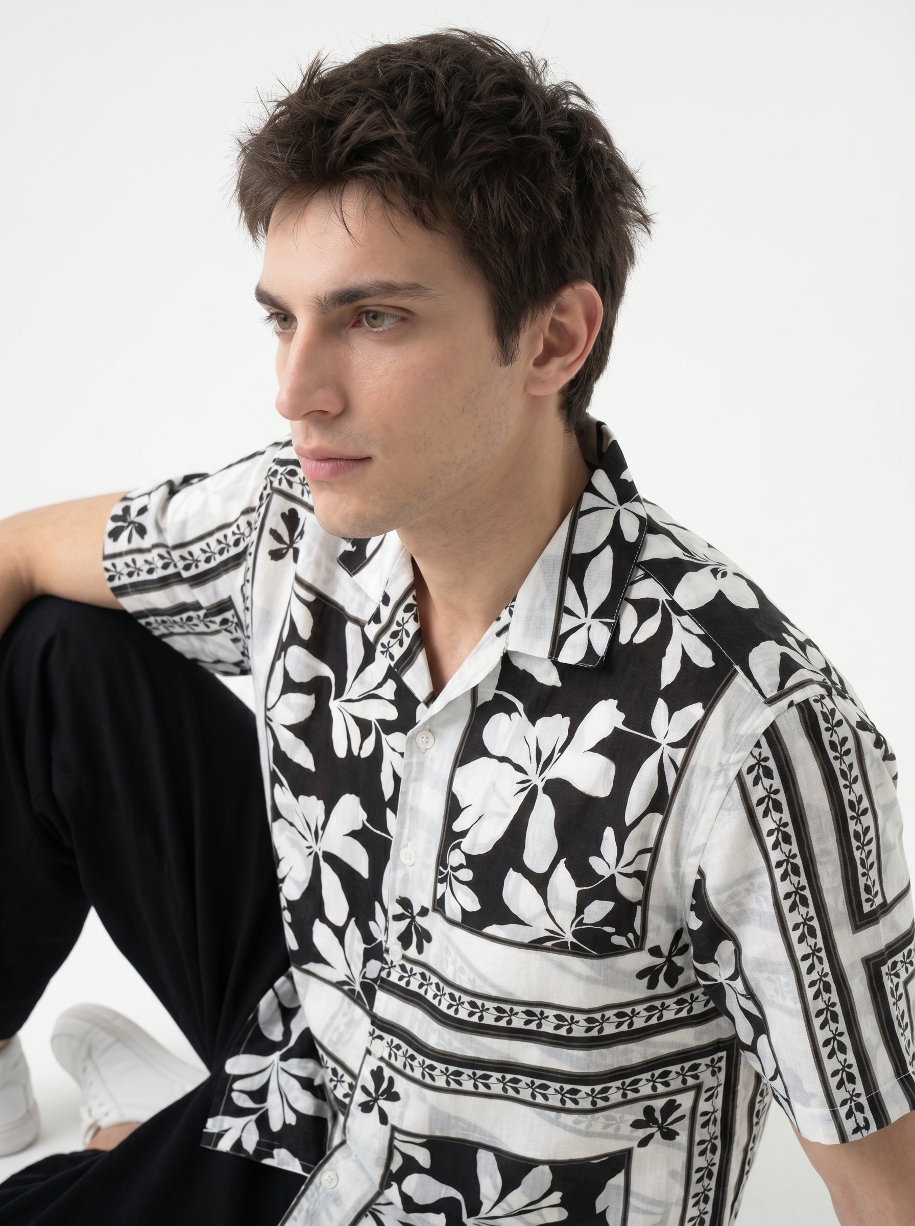 White Floral Print Cuban Collar Half Sleeve Cotton Men's Shirt