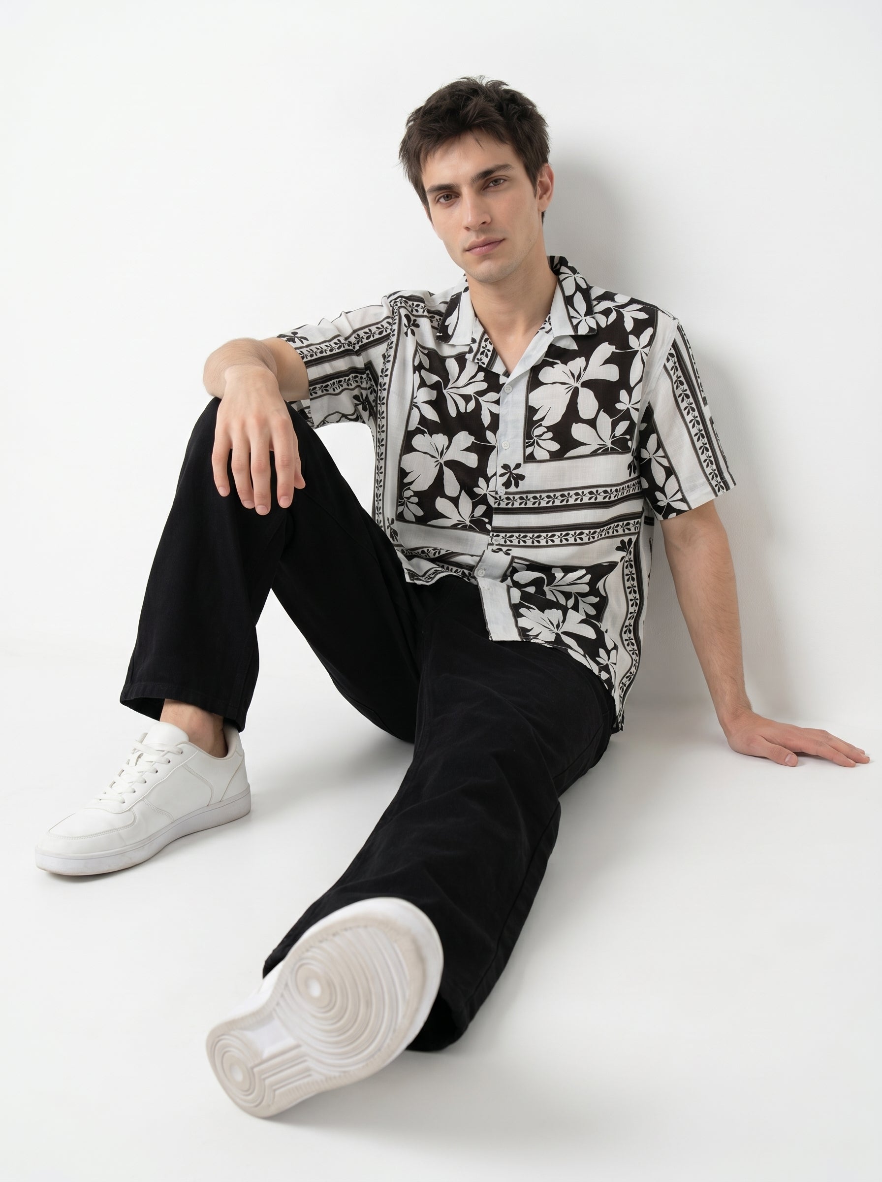 White Floral Print Cuban Collar Half Sleeve Cotton Men's Shirt