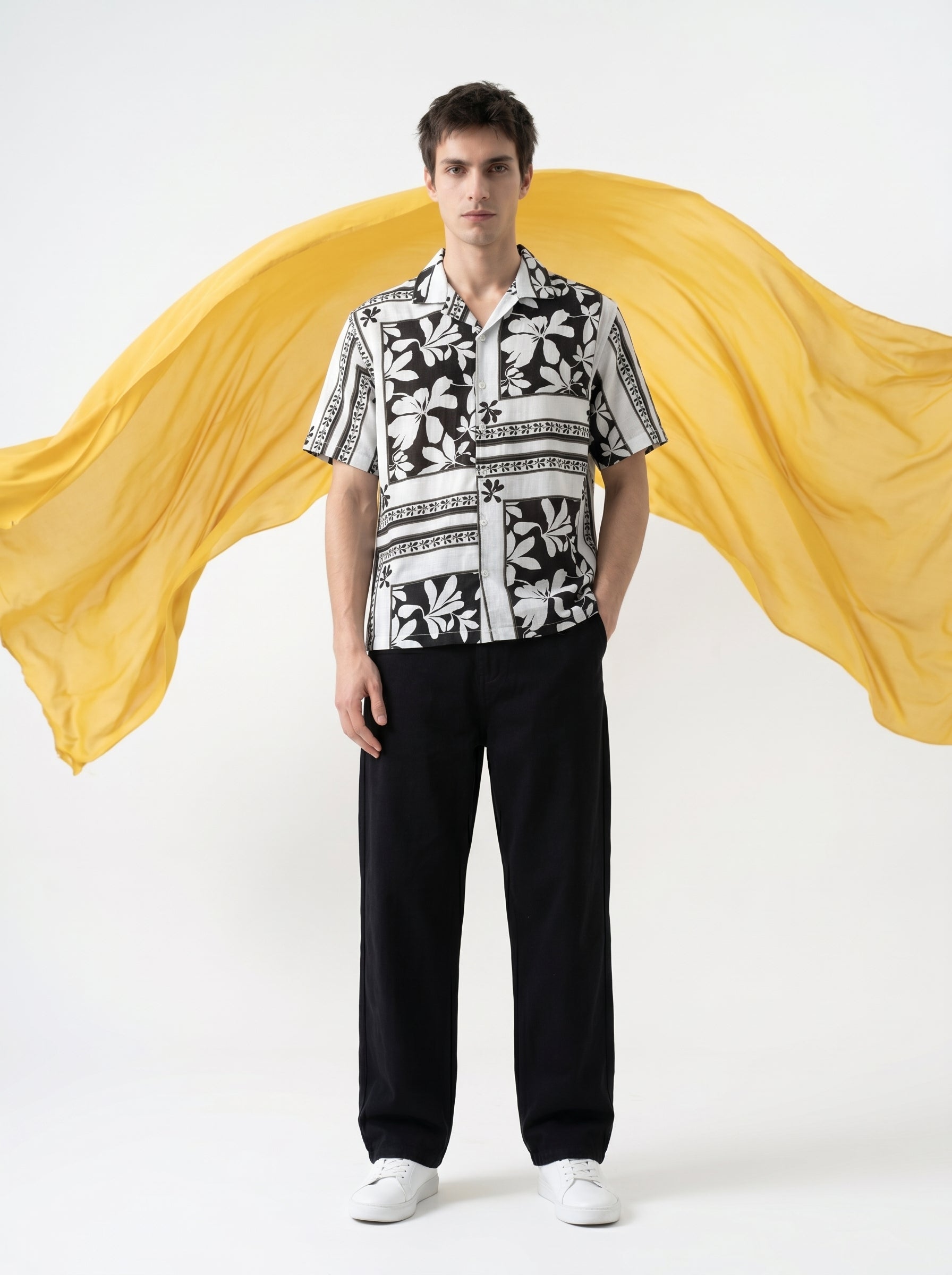 White Floral Print Cuban Collar Half Sleeve Cotton Men's Shirt