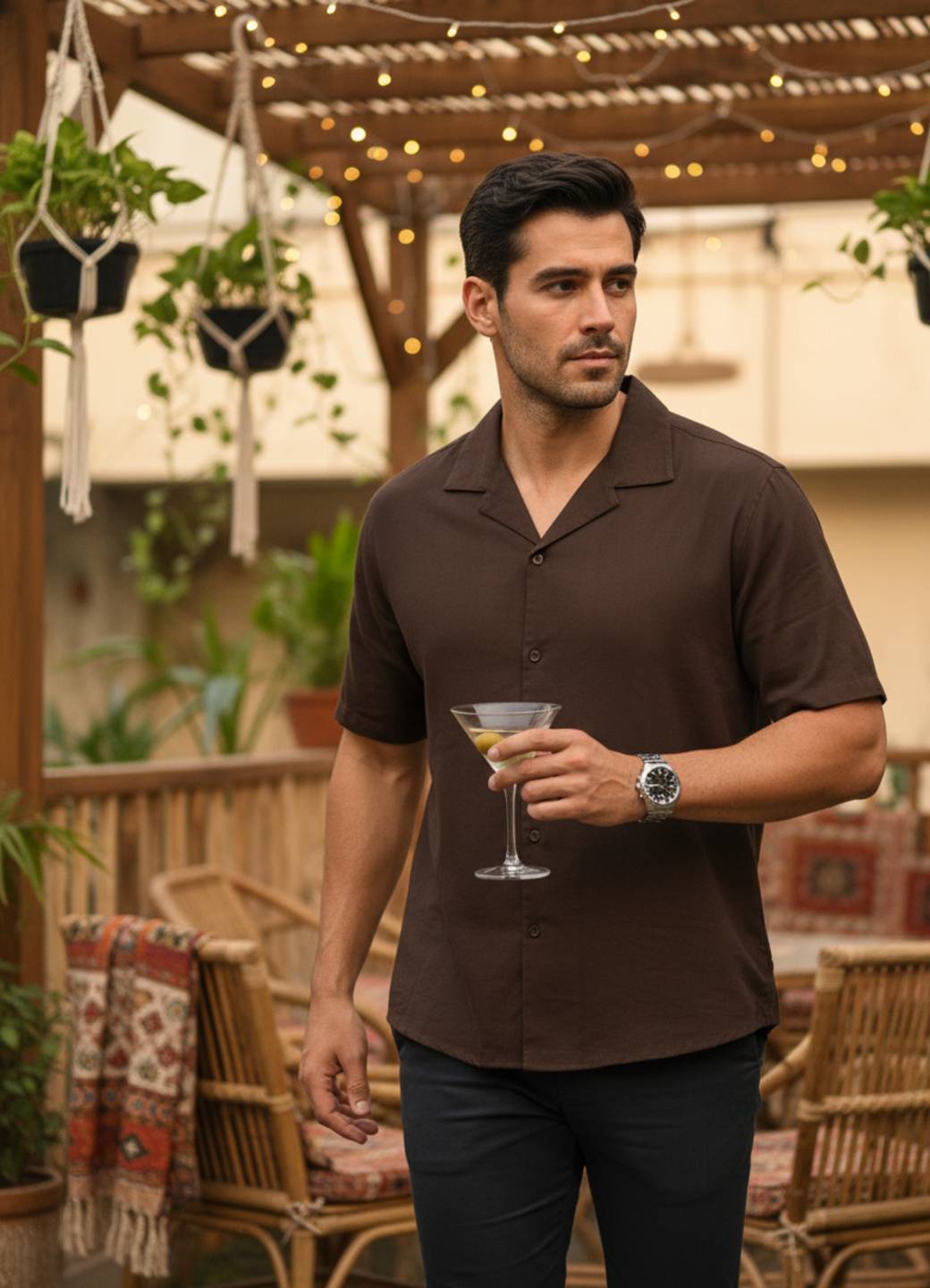 Coffee Brown Solid Casual Shirt With Cuban Collar Men’s Shirt