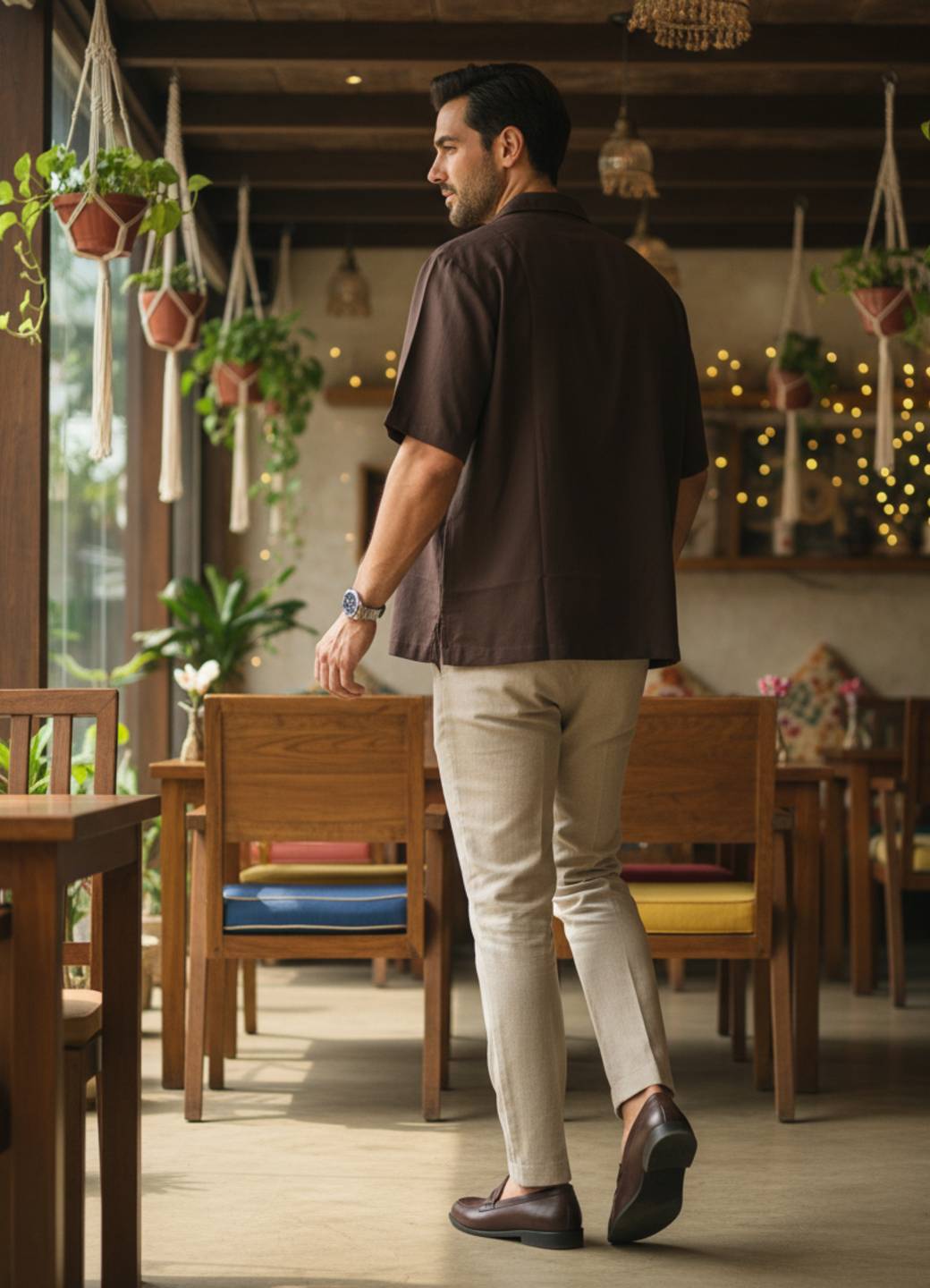 Coffee Brown Solid Casual Shirt With Cuban Collar Men’s Shirt